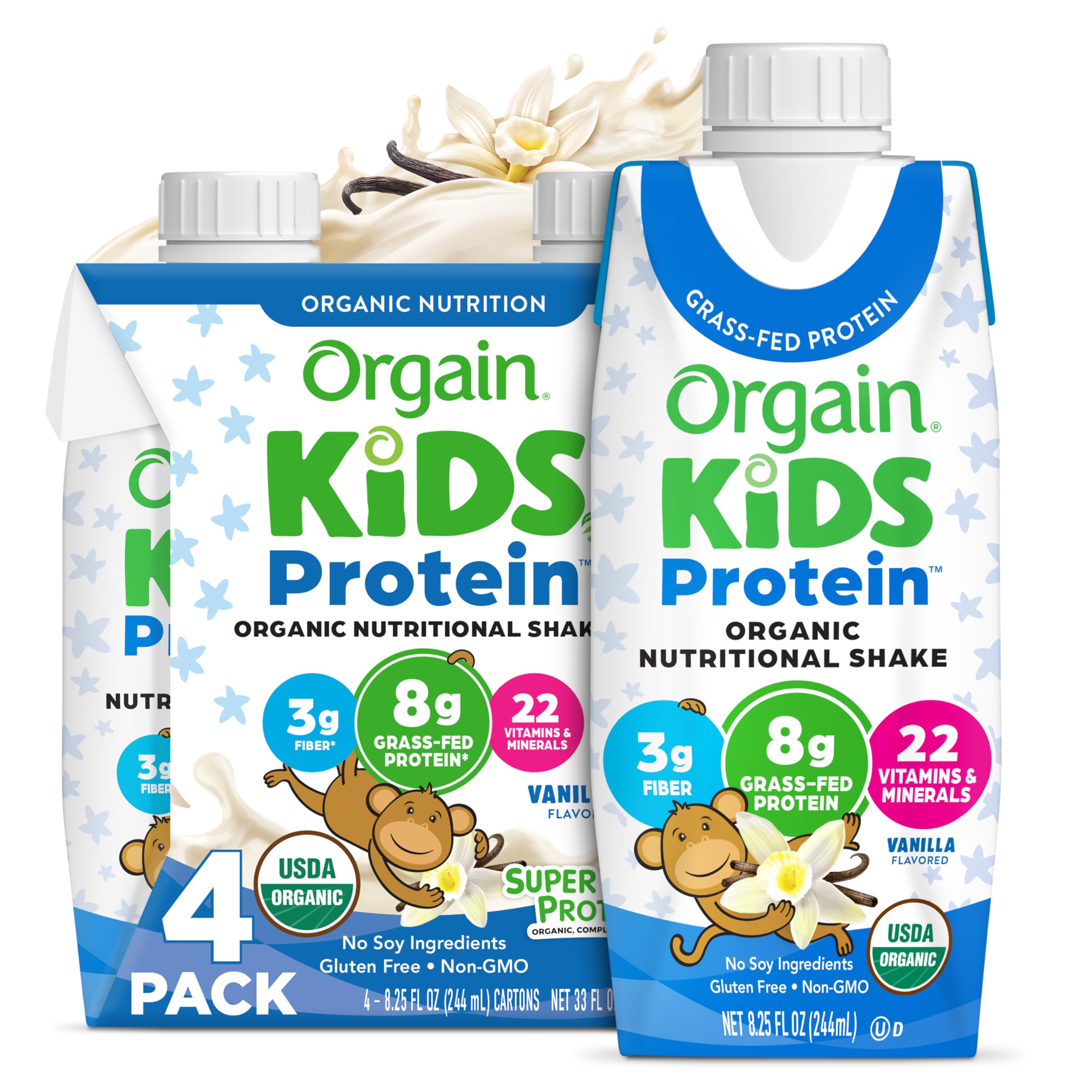 OrgainOrganic Kids Protein Nutritional Shake, Vanilla - 8g of Protein, 22 Vitamins & Minerals, Fruits & Vegetables, Gluten Free, Soy Free, Non-GMO, 8.25 Fl Oz (Pack of 4)USDA Organic