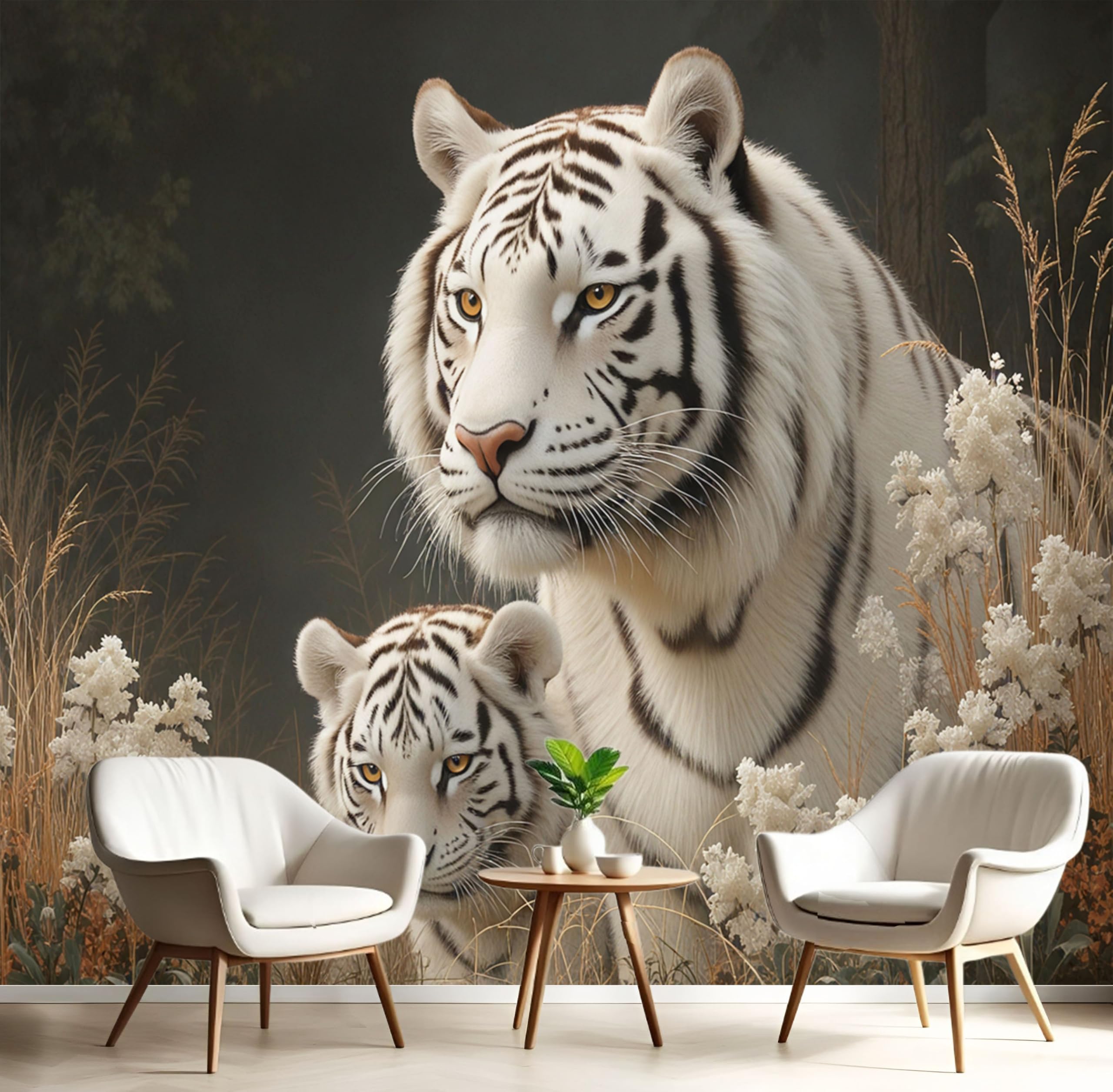 Papier peint tan fleurs médiévales 350x256 : créez un cocon poétique avec le tigre blanc