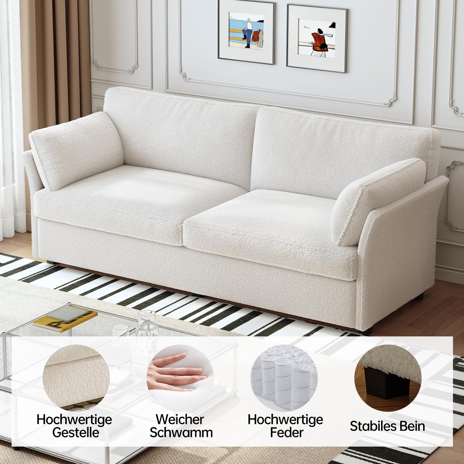 Guyii Sofá de tela de 2 unidades, 186 cm, moderno sofá de salón, cómodo sofá tapizado para apartamentos y espacios pequeños, sofá de diseño (blanco crema)