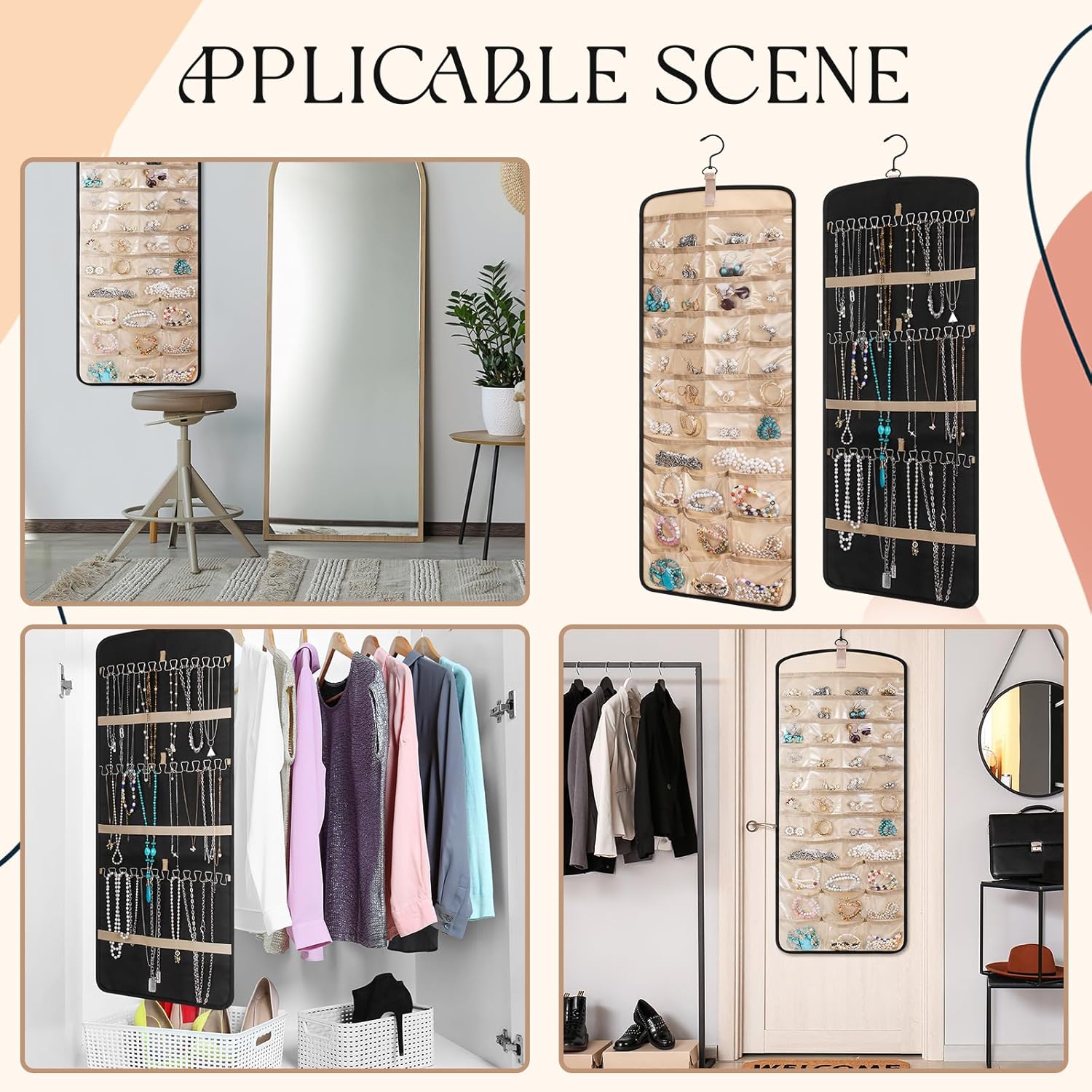 2 Pack Hanging Jewelry Organizer Storage with 39 Pockets, 30 Necklace Hooks Double Sided Wall Mount Earring Holder Organizer Bracelet Necklace Jewelry Display Hanger for Closet Door(Black)