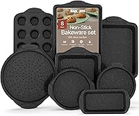 Vista 12 de Juego de repostería de lujo de acero al carbono de 8 piezas - Revestimiento antiadherente de mármol blanco, Asas de silicona - Moldes para hornear