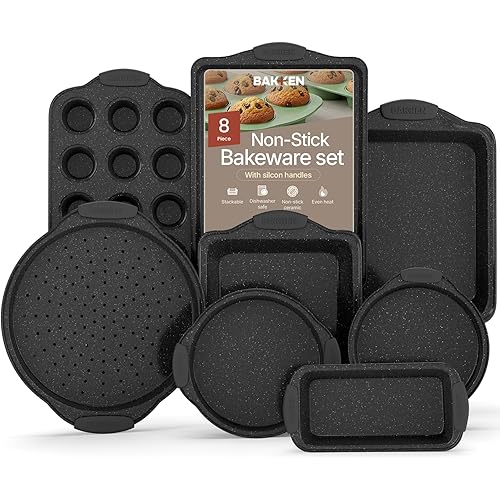 BAKKEN 8-Piece Kitchen Oven Baking Pans Set - Deluxe Nonstick Gray Marble Coating, Professional Grade Carbon Steel Bakeware with Silicone Handles - Oven, Dishwasher, and Freezer Safe