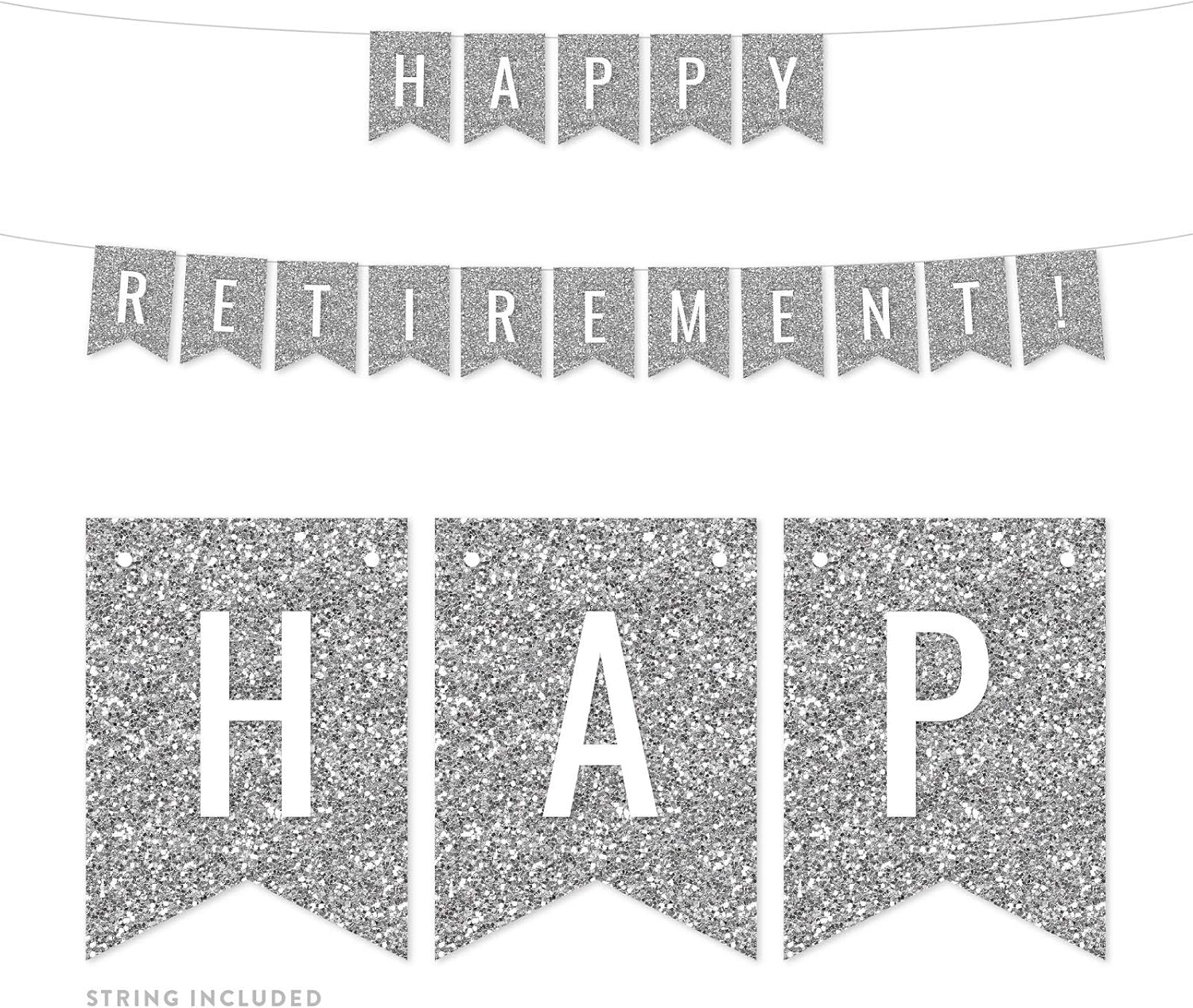 Andaz Press Faux Silver Glitter Retirement Party Banner Decorations, Happy Retirement!, Approx 5-Feet, 1-Set, Birthday Wedding Baby Shower Colored Hanging Pennant Decor