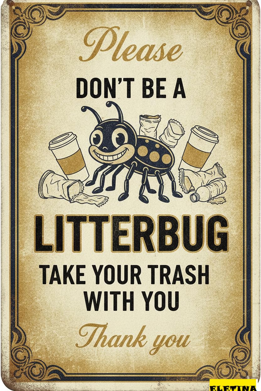 Tin Sign for Man Cave Please Don't Be A Litterbug, Take Your Trash With You Yard, 8x12in, Aluminum Private Property Decorative