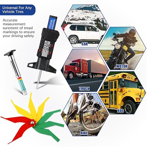 Miniatura 6 de 3 piezas de herramienta de medición de profundidad de banda de rodadura de neumáticos, medidor de profundidad de banda de rodadura digital, regla de