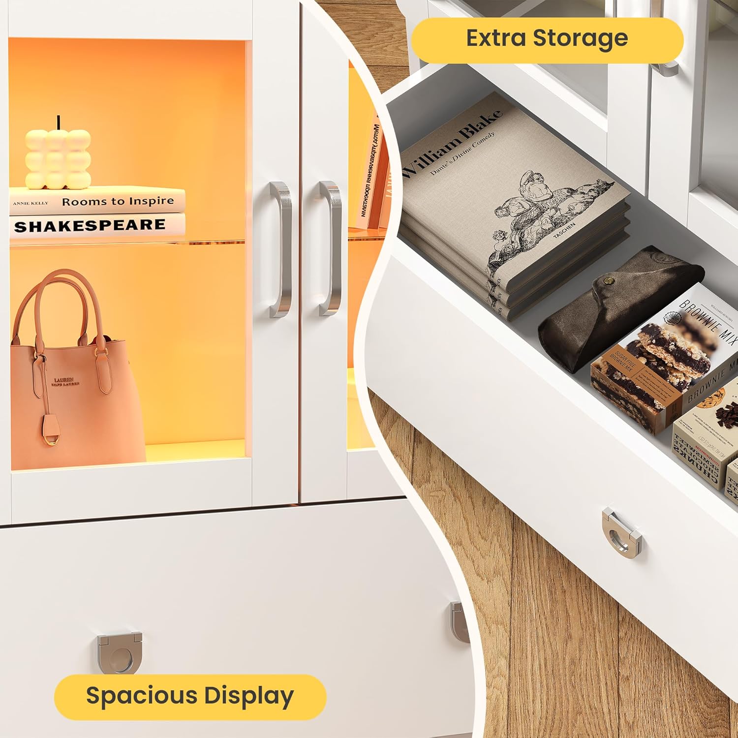 RoyalCraft White Display Cabinet with Acrylic Doors, 27'' Tall Curio Cabinet with LED Lights, Modern Storage Cabinet with Drawers & Adjustable Shelves, Ideal for Living Room, Child's Room