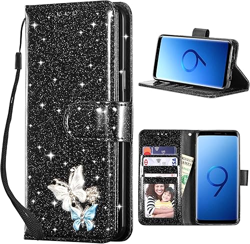 UEEBAI Funda tipo cartera para Samsung Galaxy S9 Glitter PU Leather con ranuras para tarjetas y función atril Cierre magnético a prueba de golpes