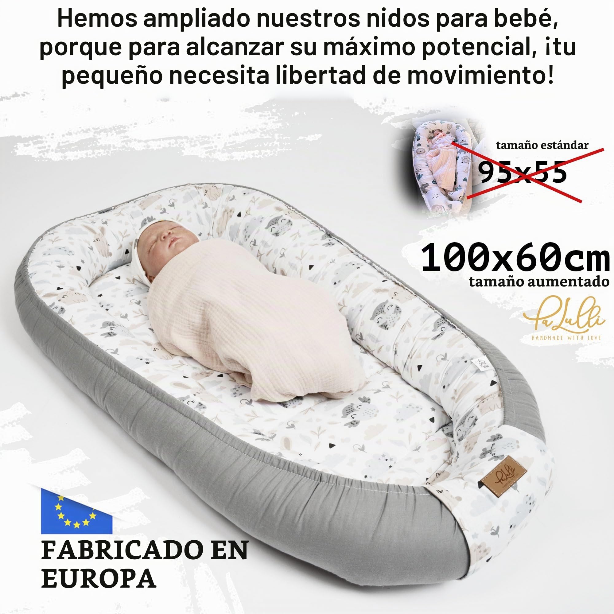 PaLulli Nido de bebé extragrande, 100 x 60 cm, algodón, reversible, reversible, hecho a mano, transpirable y seguro (gris)