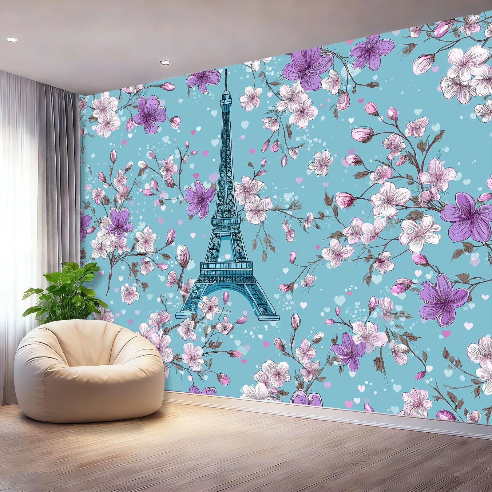 Papier peint panoramique 3D fleurs Tour Eiffel bleu chambre enfant