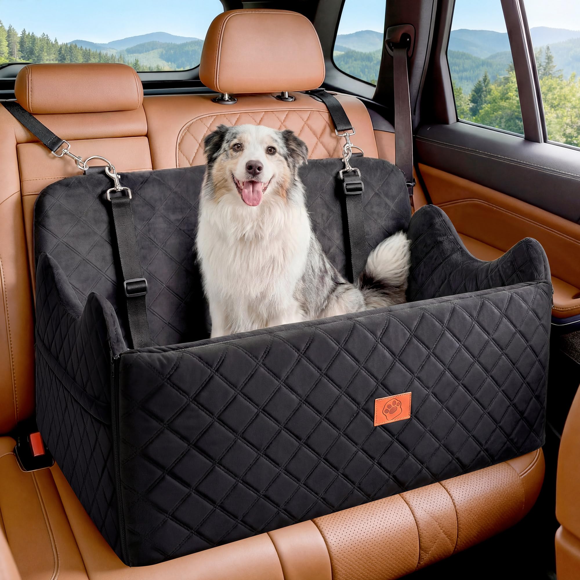 YITAHOME Hundesitz für große und mittelgroße Hunde,Reisebettb Haustiere mit Memory Schaumstoff unter 55 lbs Sitzhöhe 4,3",zwei seitliche Aufbewahrungstaschen, rutschfestes, 2 Sicherheitsgurte(Schwarz)