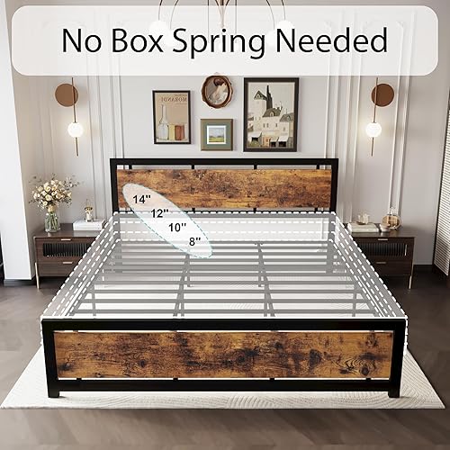 Miniatura 7 de Base de cama king LIKIMIO con cabecera y pie de cama, soportes metálicos resistentes, fácil montaje, libre de ruidos, no necesita somier, color