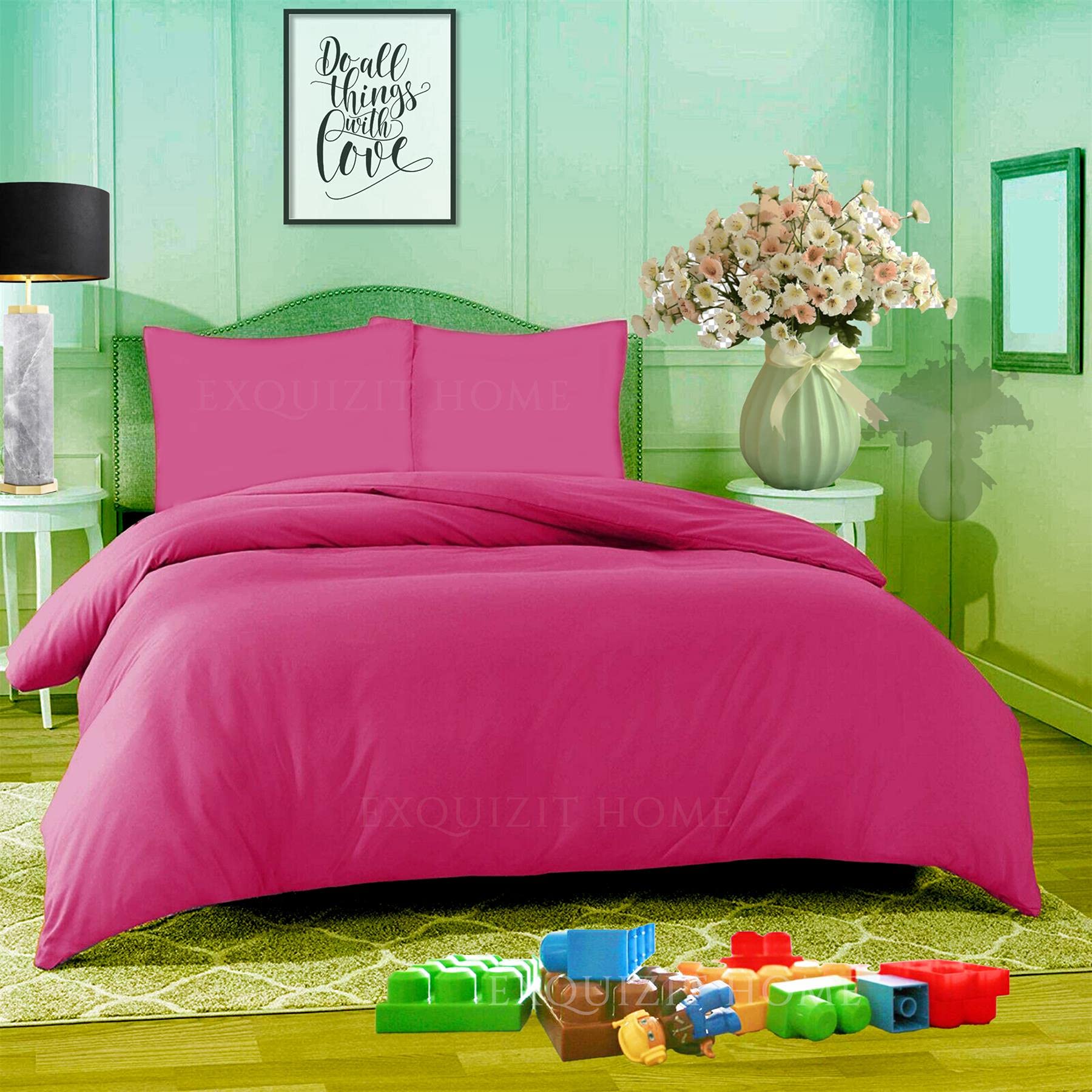 EXQUIZIT HOMEDuvet Quilt Cover Bedding Set With Matching Pillow Case Easy Care Plain Dyed Poly Cotton COLOUR FUCHSIA SINGLE