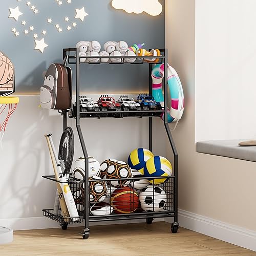Equipo deportivo y estante de almacenamiento de juguetes con ruedas, organizador de bolas de 3 niveles para bolas, raquetas y equipo deportivo, gran