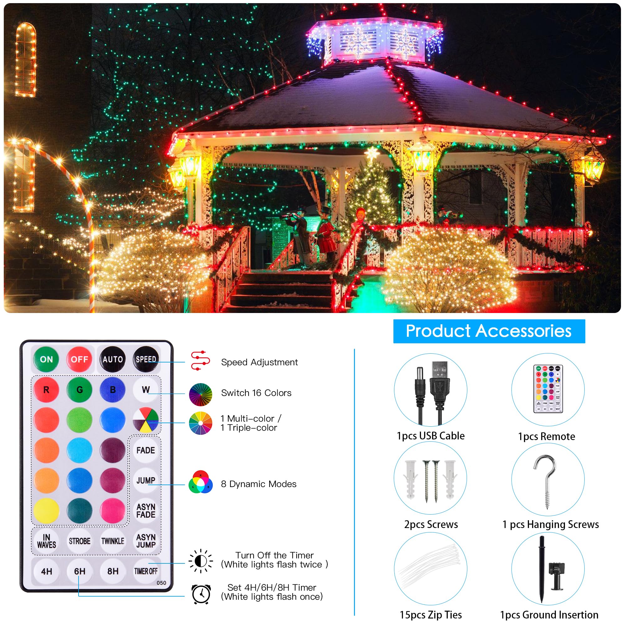 Solar-Lichterkette für den Außenbereich, wasserdicht, 12 m, 18 Farben wechselnd, 100 LEDs, solarbetrieben und USB mit Fernbedienung, RGB-Lichterkette für den Außenbereich, Baumzaun, Party