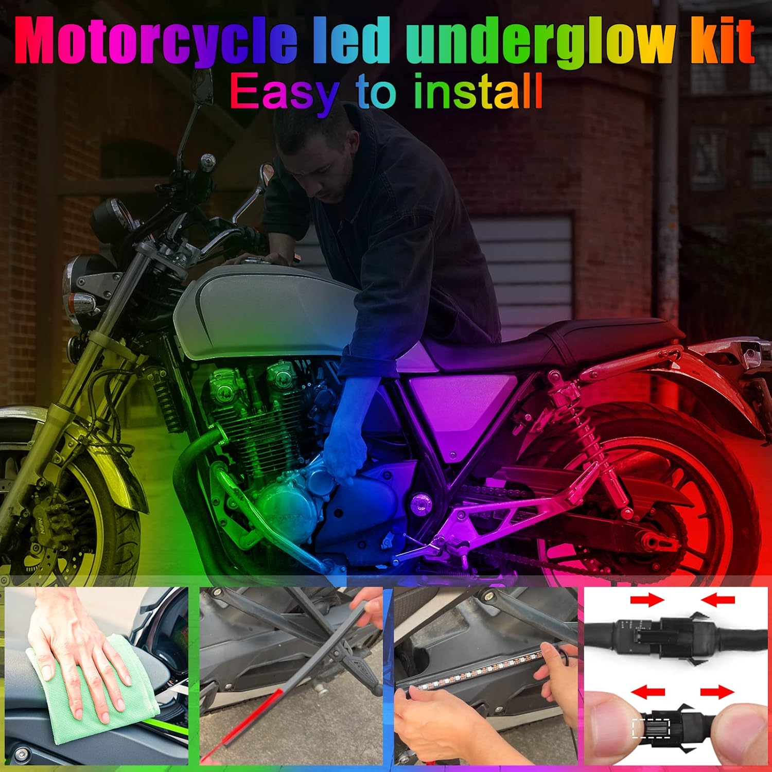 12Pcs Motorcycle LED Underglow Kit, RGB LED Strips Lights, Motorcycle Underglow Lights Kit with APP Control for Harley Davidson Honda Kawasaki Suzuki