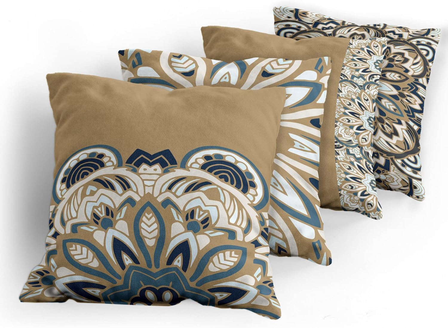 Ambesonne Mandala Throw Pillow Cushion Case Pack of 4, Multicolor Swirling Boho Artwork with Eastern Influences Abstract Look, Modern Accent Double-Sided Digital Printing, 16", Cadet Blue and Camel
