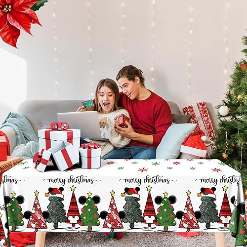 Miniatura 5 de Decoración de fiesta de Navidad de ratón, 3 manteles de dibujos animados, funda rectangular de plástico con copos de nieve para fiesta de Navidad