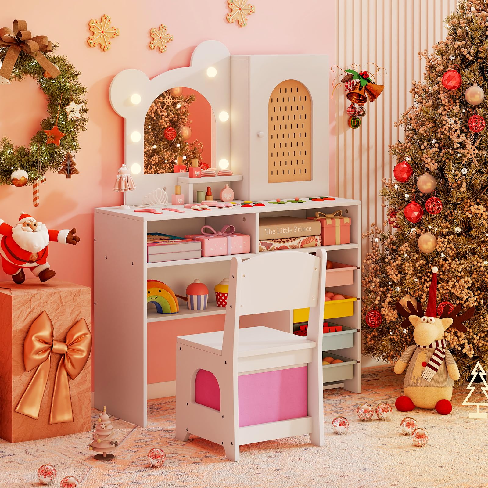 LIFEZEAL Specchiera Trucco per Bambina 3+Anni, con Luci, Sgabello, Sedia, Forma di Orsetto, Toeletta Tavolo, Postazione Makeup, con Armadio, Scomparti, Scatole, Cassetto, Accessori, Cameretta, Bianco