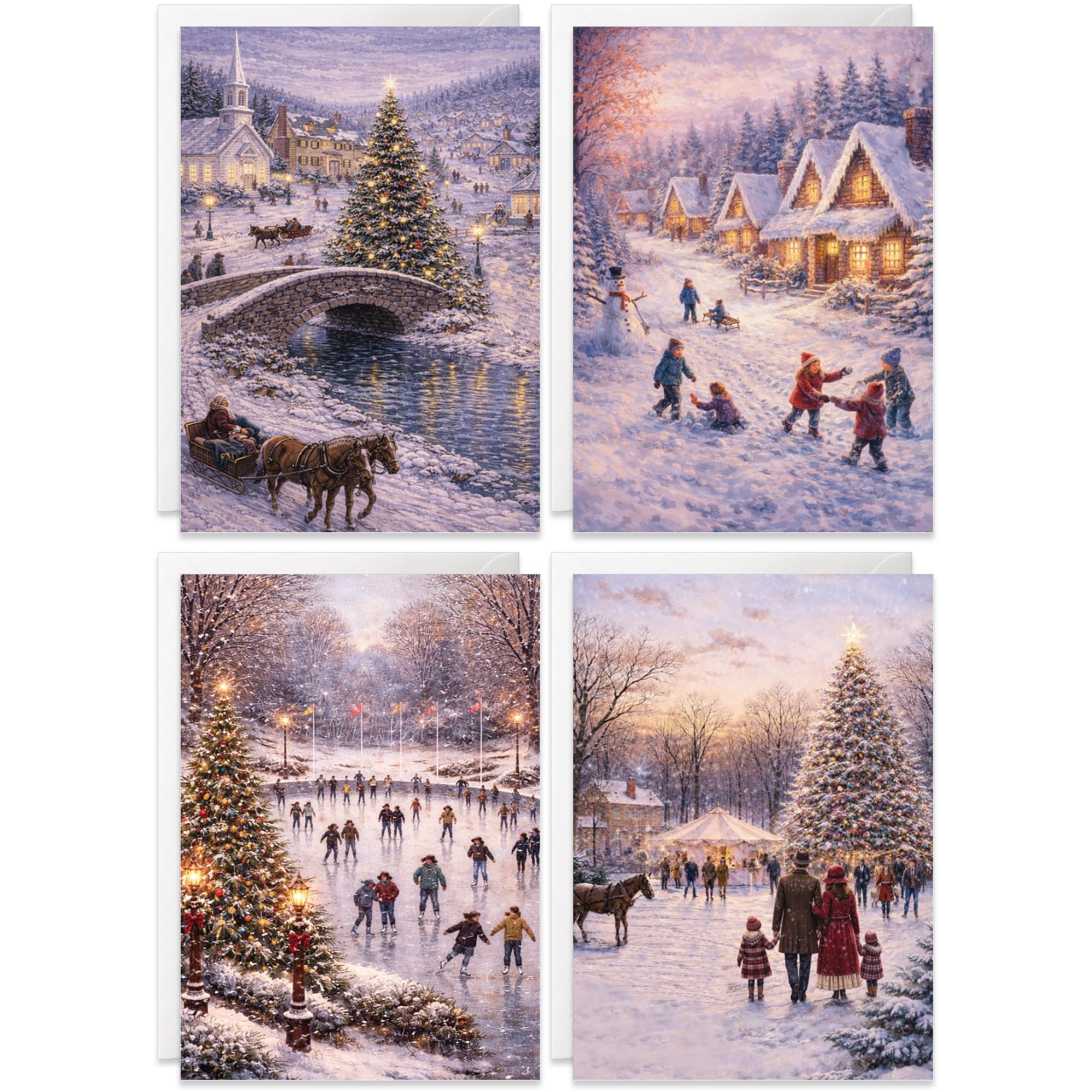 Traditional Christmas Cards Packs of 20, 4 Painted Winter Festive Scenes, Eco-friendly and, Blank Inside with Envelopes, 2026 Xmas Multipack Bulk Set, For Friends Family Colleagues