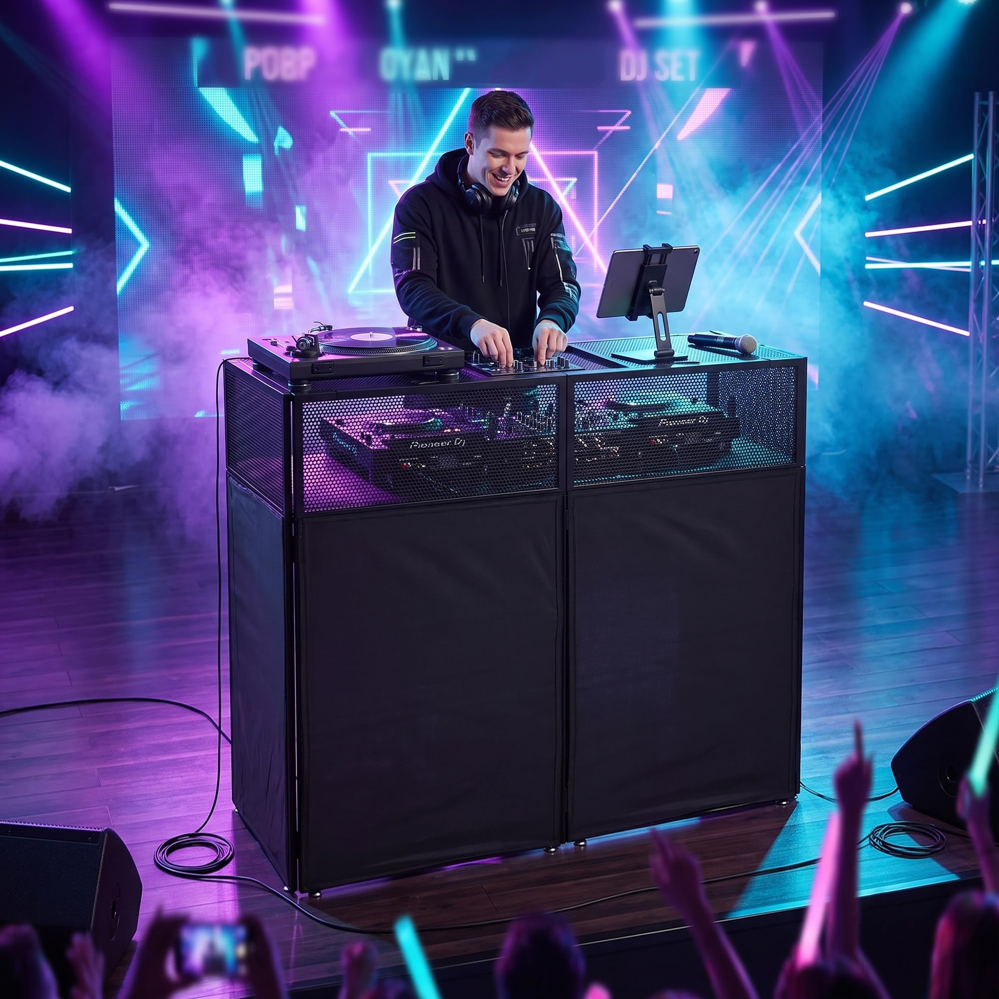 Tragbare DJ-Kabine, faltbar, 108 x 51 x 115 cm, zweilagiges DJ-Schreibtischsystem, Schwarz-Weiß-Scrims, Kabelmanagement-Loch, DJ-Ständer mit verstellbaren Füßen, Tragetasche, DJ-Decks für Hochzeiten