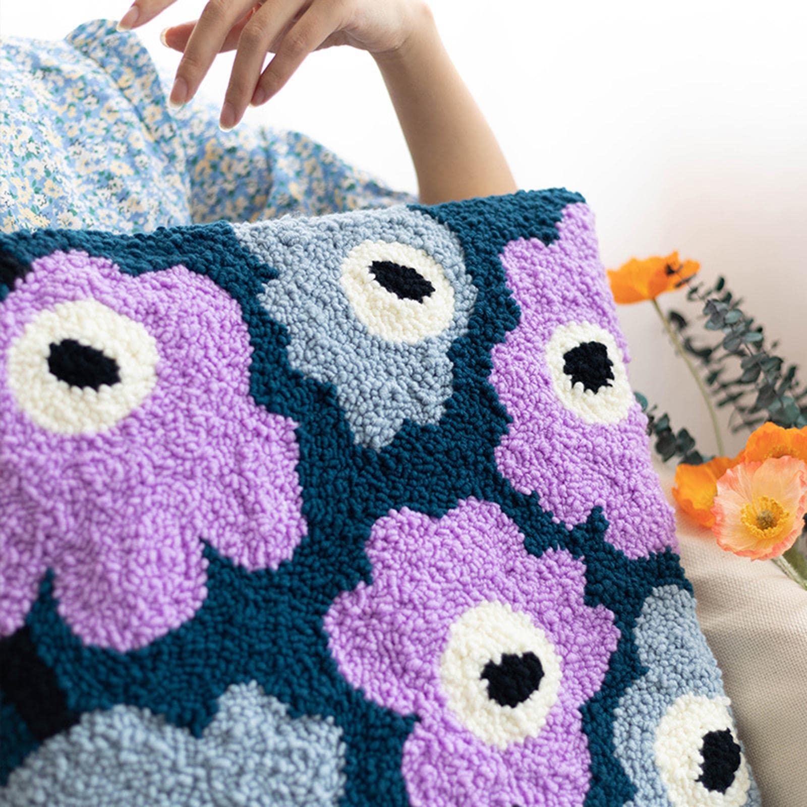 Kit de Bordado con Perforadora, Material para Tapicería, Funda de Cojín, Marco de Madera, Patrón Sencillo Y Creativo, Ideal para Principiantes, Flor Azul Violeta, Individual