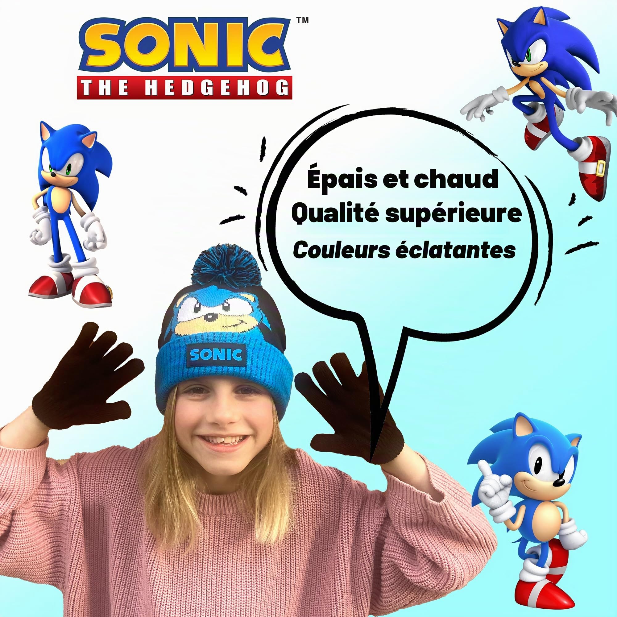 SONIC THE HEDGEHOG Ensemble bonnet et gants d'hiver pour garçons – Bonnet et gants chauds et confortables – Parfait pour les enfants âgés de 6 à 12 ans