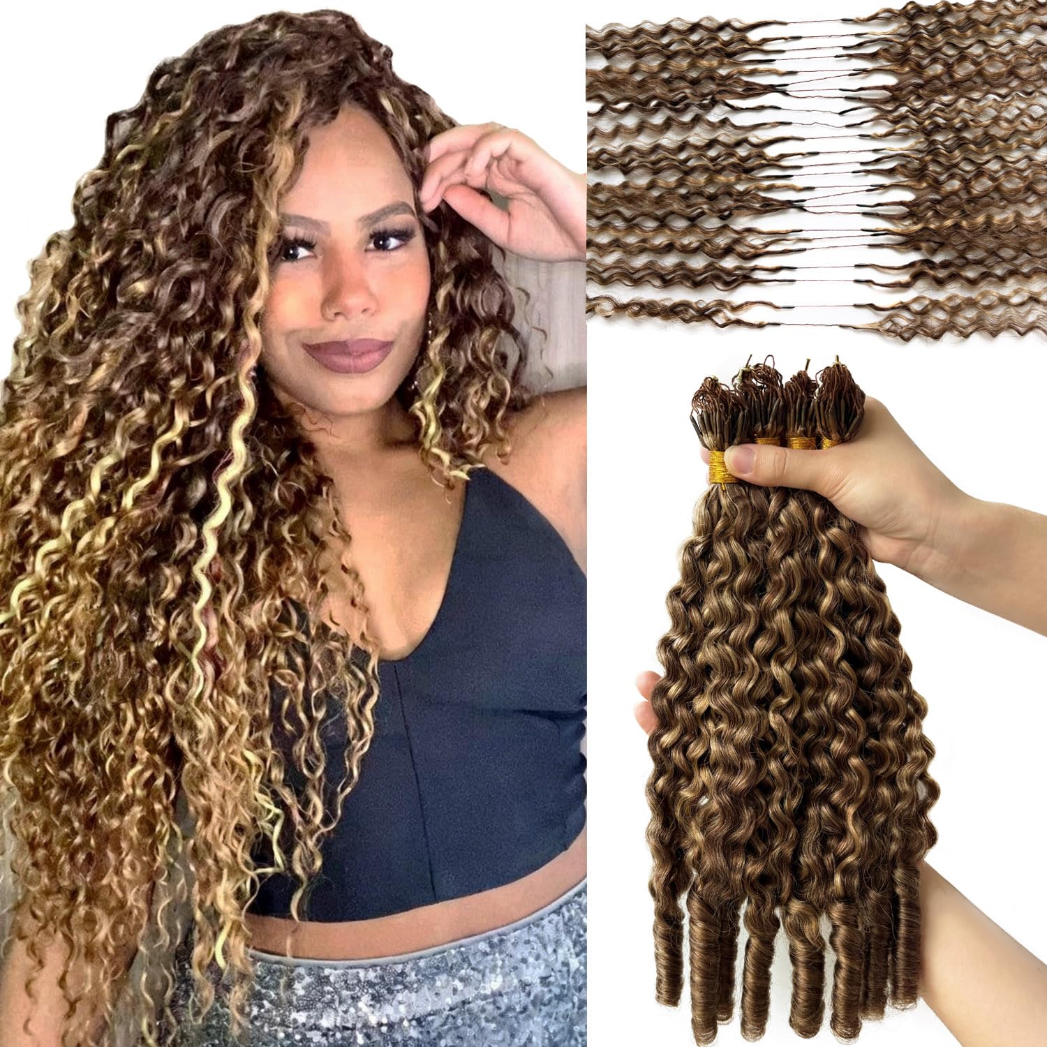 Photo 1 of ** MISSING SOME PIECES*** Micro Pre Looped Crochet Human Hair Extensions 20 Inch Burmese Curly Human Hair Invisible Crochet Hair Bundle Pre Separated Knotless Honey Blonde Highlights Curly Corchet Human Hair for Braiding 50G