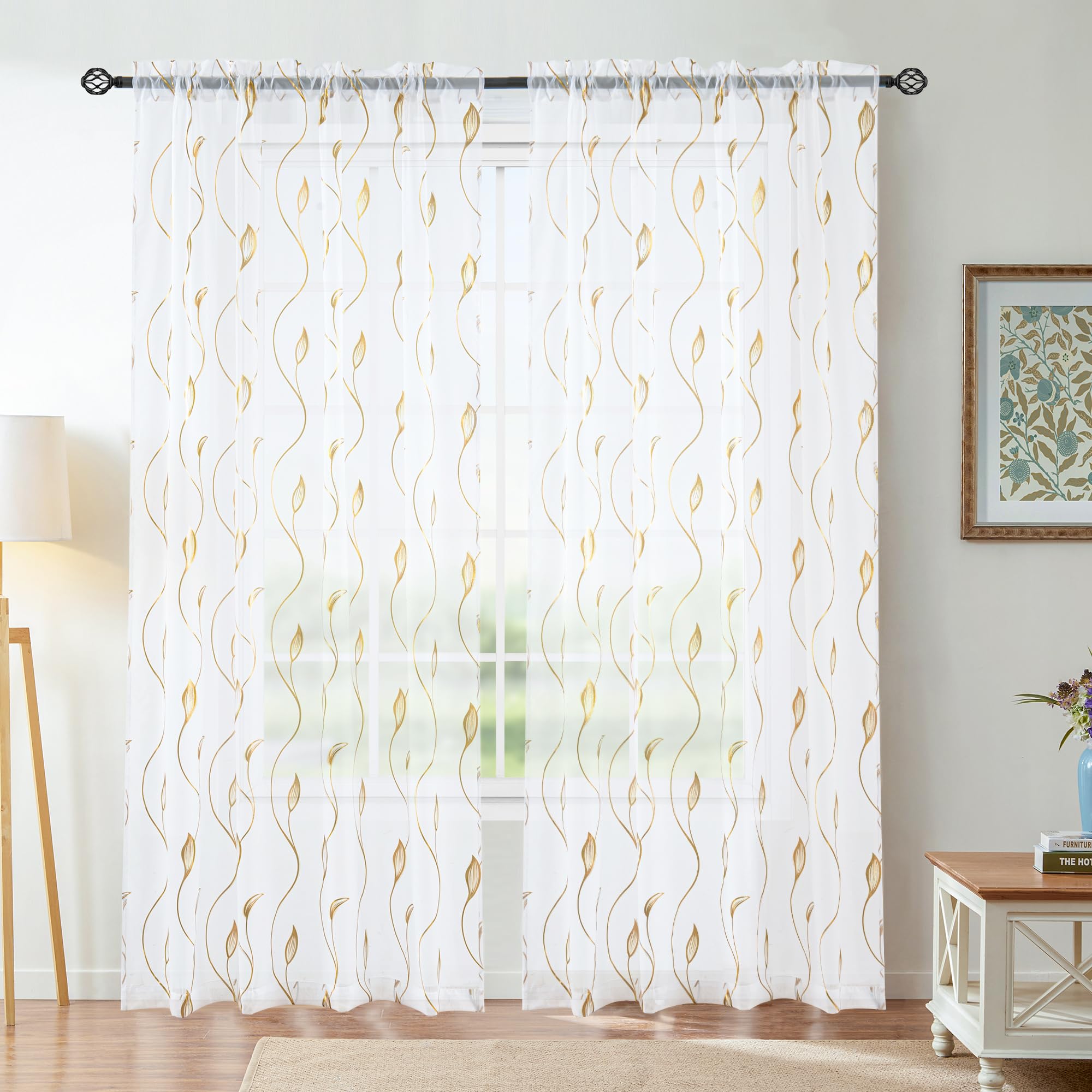 Youleyar Gold/Silber Folie Print Voile Sheer Vorhänge