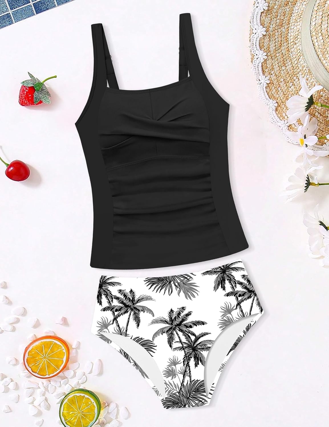 Girls Swimsuit 2 Piece Twist Cross Girls Tankini Swimsuit Color Block Ruched Bathing Suit Printed Swimwear for 9-16Y - Image 6