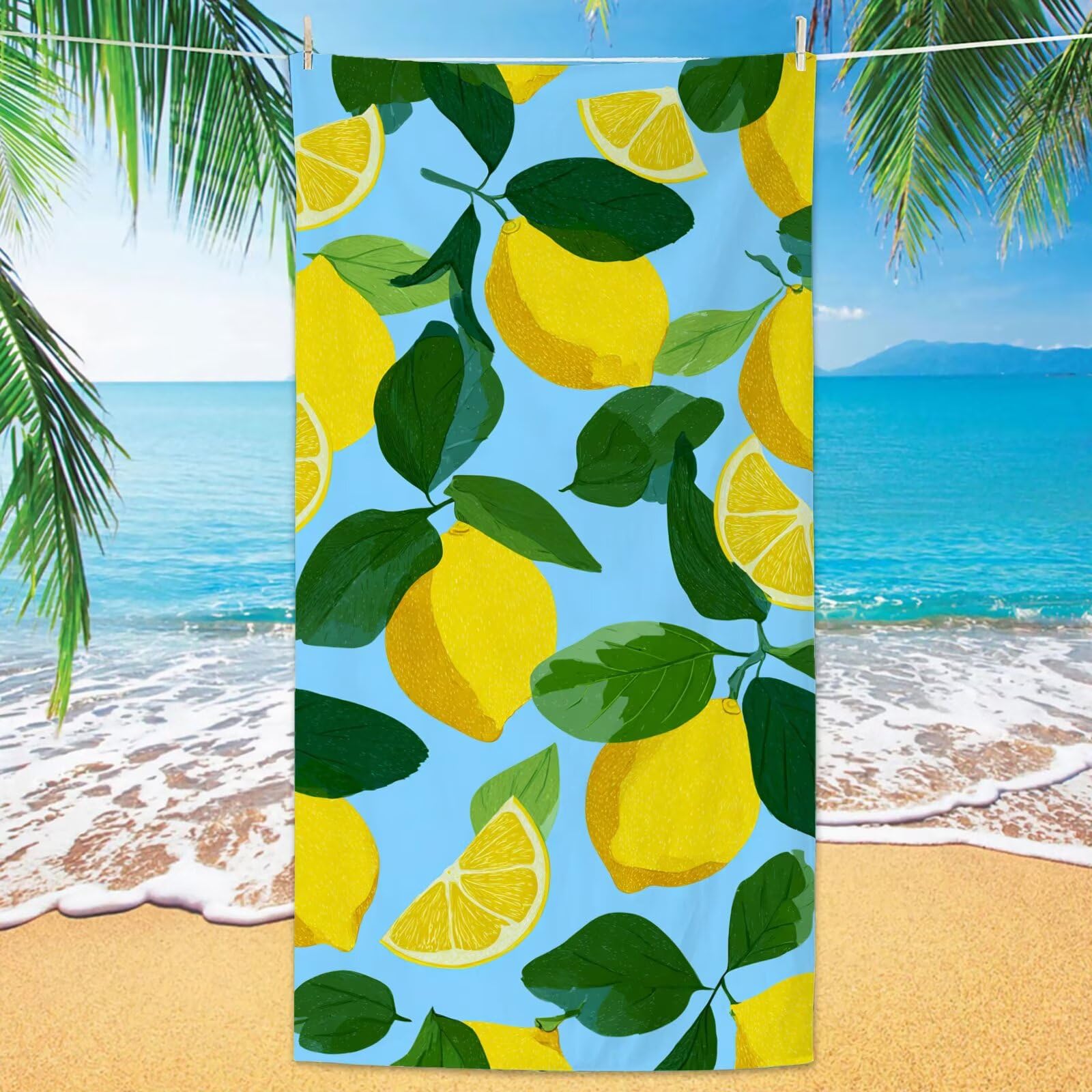 Ręcznik plażowy, cytrynowy, z mikrofibry, 90 x 200 cm, niebieski, 2 sztuki, szybkoschnący, ultra cienki, lekki, kompaktowy, z torbą, dla kobiet i mężczyzn, na kemping, fitness, urlop YJ-1021