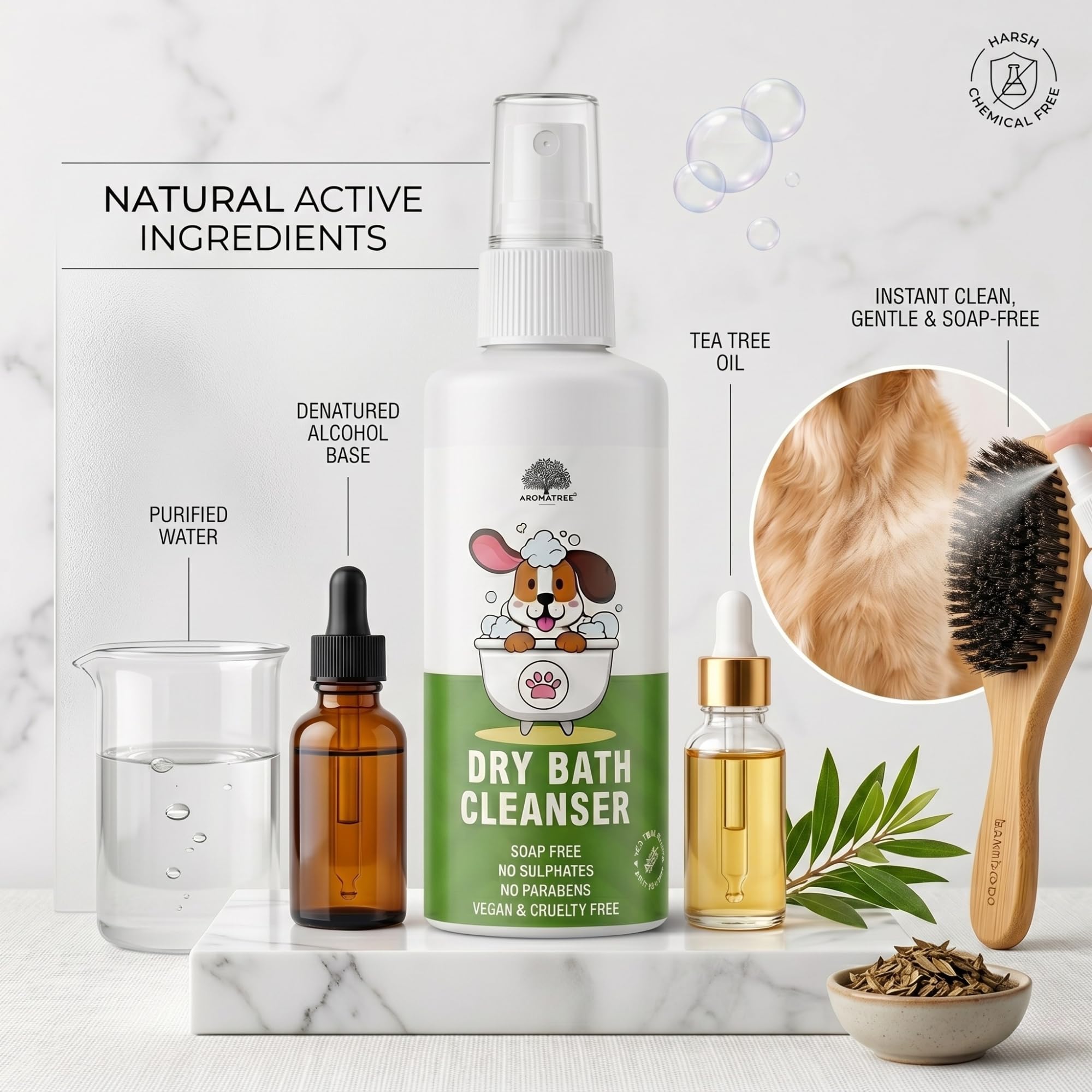 Aromatree Dry Bath Cleanser for Pets 200ml | Soap-Free & pH-Balanced Dog & Cat Spray | No-Rinse Pet Shampoo with Anti-Bacterial Tea Tree Oil | Quick Clean & Odor Removal 4
