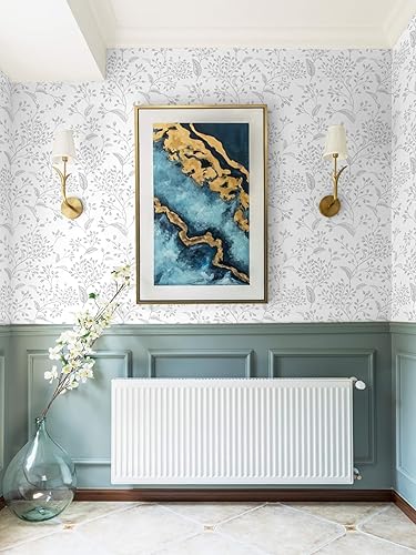 Miniatura 6 de Heroad Papel tapiz autoadhesivo de 393 x 17.3 pulgadas, color blanco y plateado, papel tapiz bohemio para despegar y pegar, papel de contacto