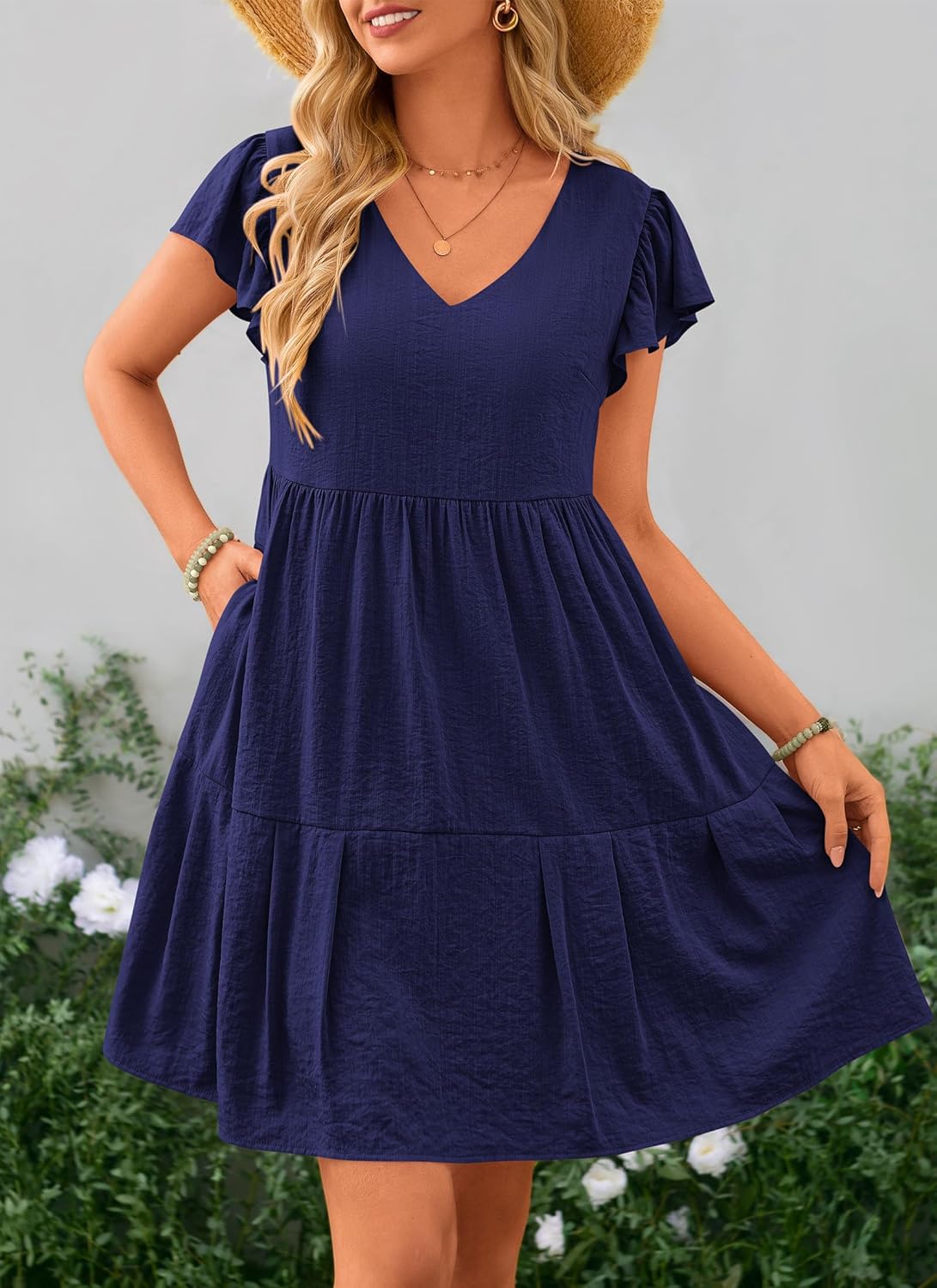 PRETTYGARDEN Women's XL 2024 Summer Casual Short Dress Cap Sleeve V Neck Tiered Ruffle Swing A Line Dresses (Royal Blue,Medium)
