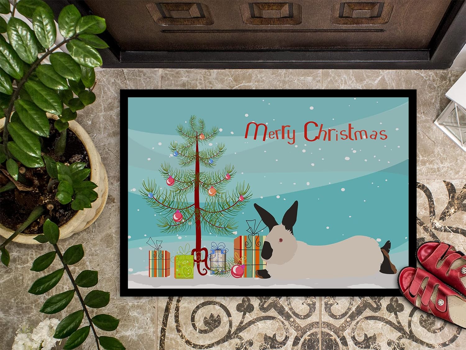 Caroline's Treasures BB9334JMAT California White Rabbit Christmas Doormat 24x36, Teal Front Door Mat Indoor Outdoor Rugs for Entryway, Non Slip Washable Low Pile, 24H X 36W