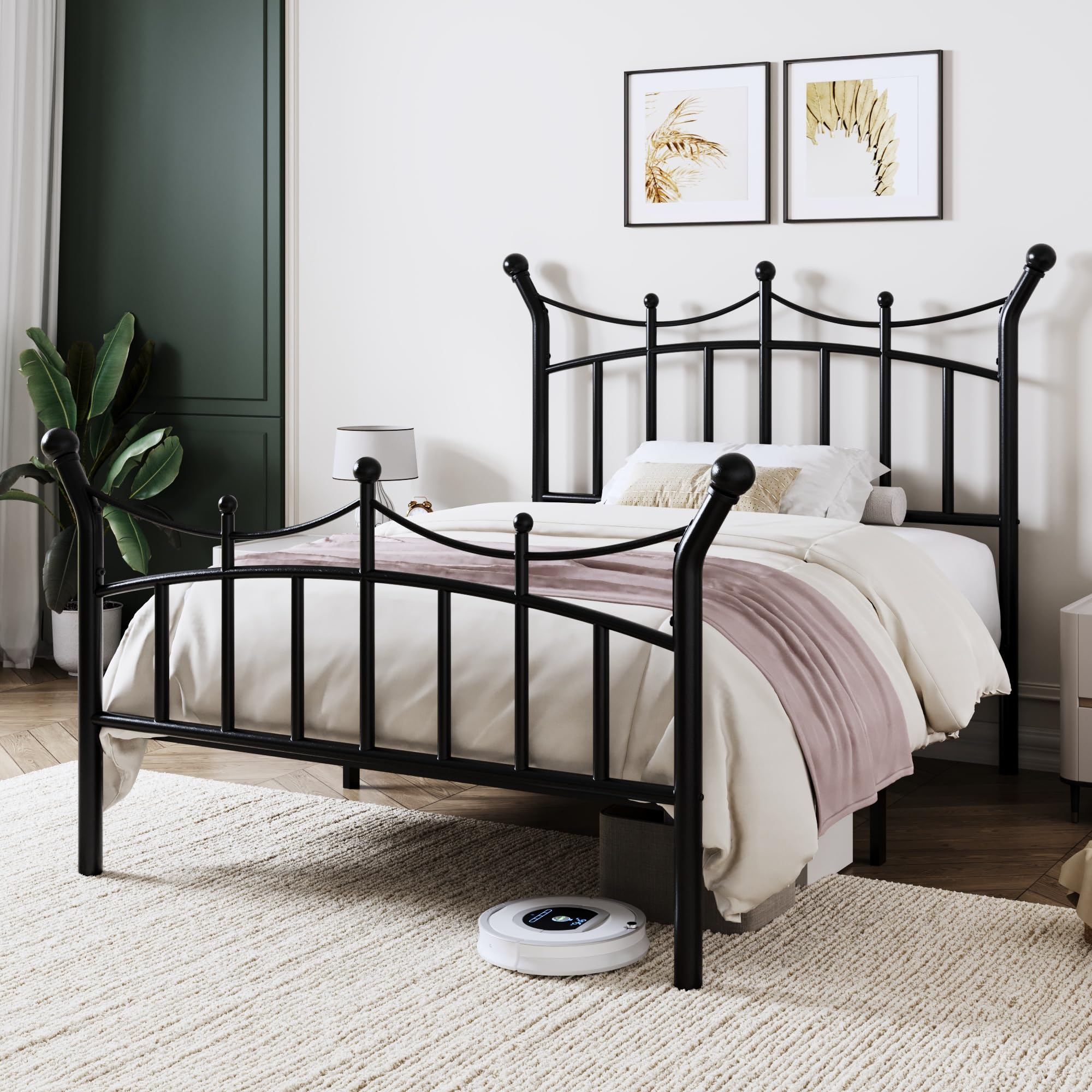 Allewie 14 Inches Twin Size Metal Platform Bed Frame with Elegant Crown Iron-Art Headboard &amp; Footboard, Sturdy Mattress Foundation with Under-Bed Storage, Easy Assembly, No Box Spring Needed, Black