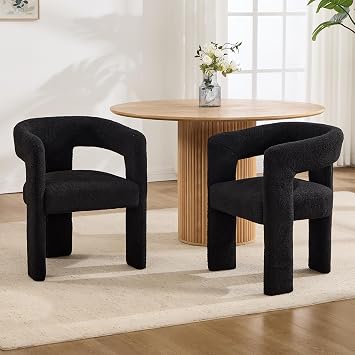 Modern Barrel Dining Chairs Set of 2, No Assembly Sherpa Upholstered Dining Room Chairs with Open Back and 3 Legs, Comfy Accent Armchairs for Living Room/Bedroom/Kitchen/Reading, Black