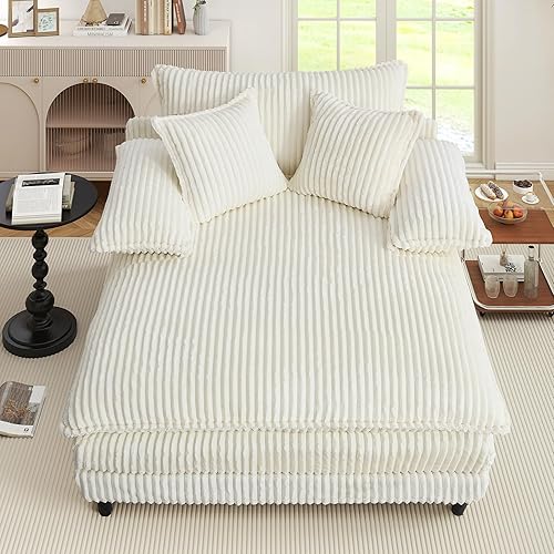 Miniatura 8 de Tumbona extragrande de 54.8 pulgadas de ancho para interiores con respaldo ajustable de 5 posiciones, sofá cama de pana con 3 almohadas, moderna