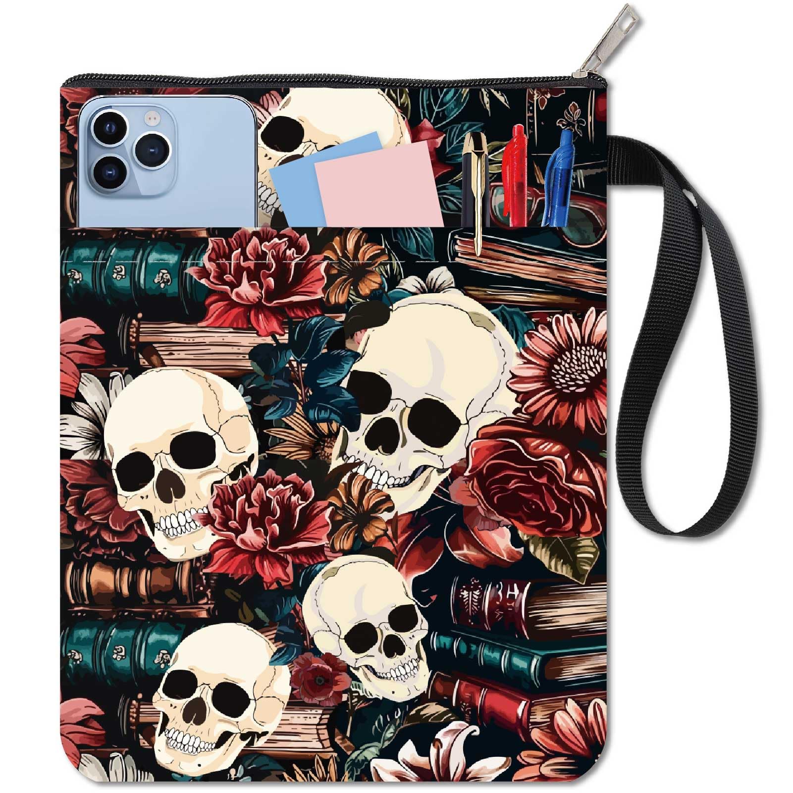 CRASPIRE Copertine per Libri con Teschio Protezione per Libri Gotica Custodia per Libri con Fiori per Libri Tascabili Copertina per Libri in Tessuto Lavabile con Cerniera e Tasca Extra per Gli Amanti