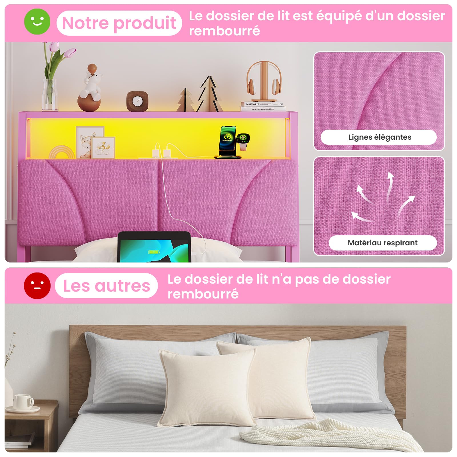 Brinlawb Lit Fille 90x190 cm avec Éclairage LED et Multiprise (2 Prises AC et 2 Ports USB) Cadre de Lit 90x190 avec Sommier Métal, Lit Enfant 90x190 cm, Facile à Assembler, Rose (Matelas Non Inclus)