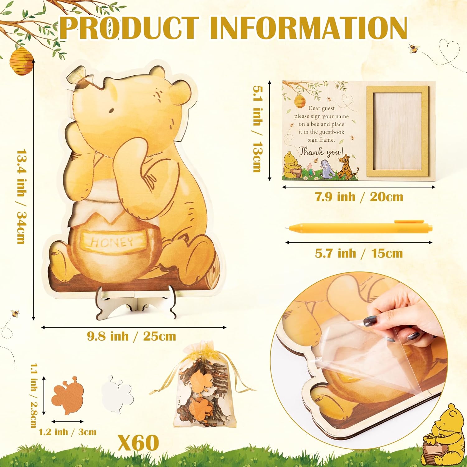 Winnie Guest Book Alternative - Ideas Baby Gender Reveal Party with 60 Bee Wood Slices to DIY Meaningful Guestbook Keepsake Guest Book with Baby Sonogram Photo Frame for Baby Shower Decoration