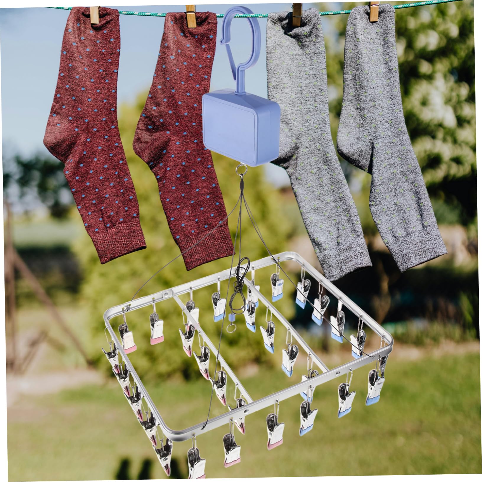 Hochklappbarer Sockenaufhänger mit 30 Clips, Aluminiumlegierung, Blau