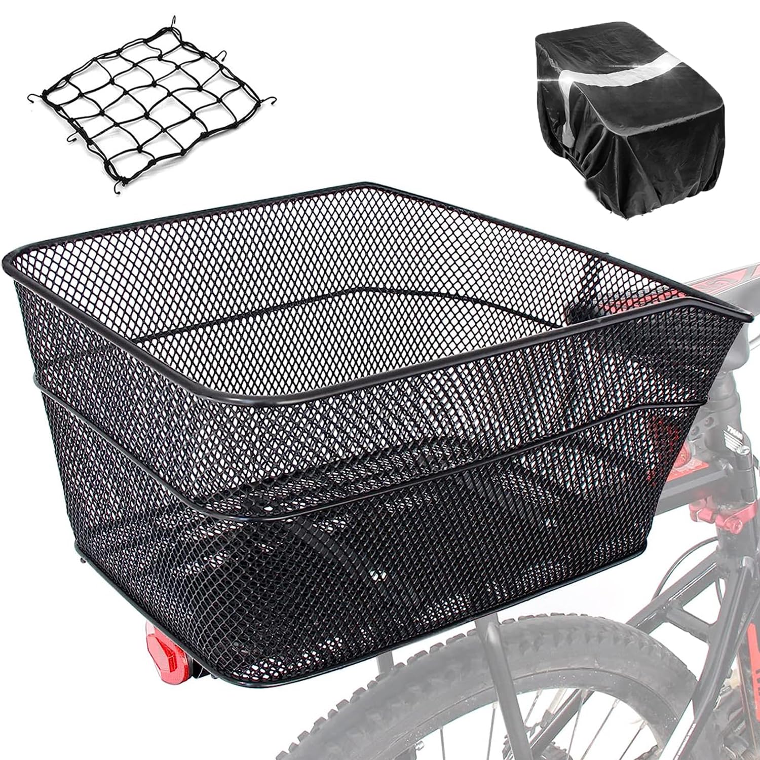 BINOTHINK Fahrradkorb Hinten, Fahrradkorb Groß Hinten Inklusive wasserdichte Abdeckung und Gepäcknetz Korb für Heckträger, Festmontage Metall für Kleiner Picknick Schulranzen