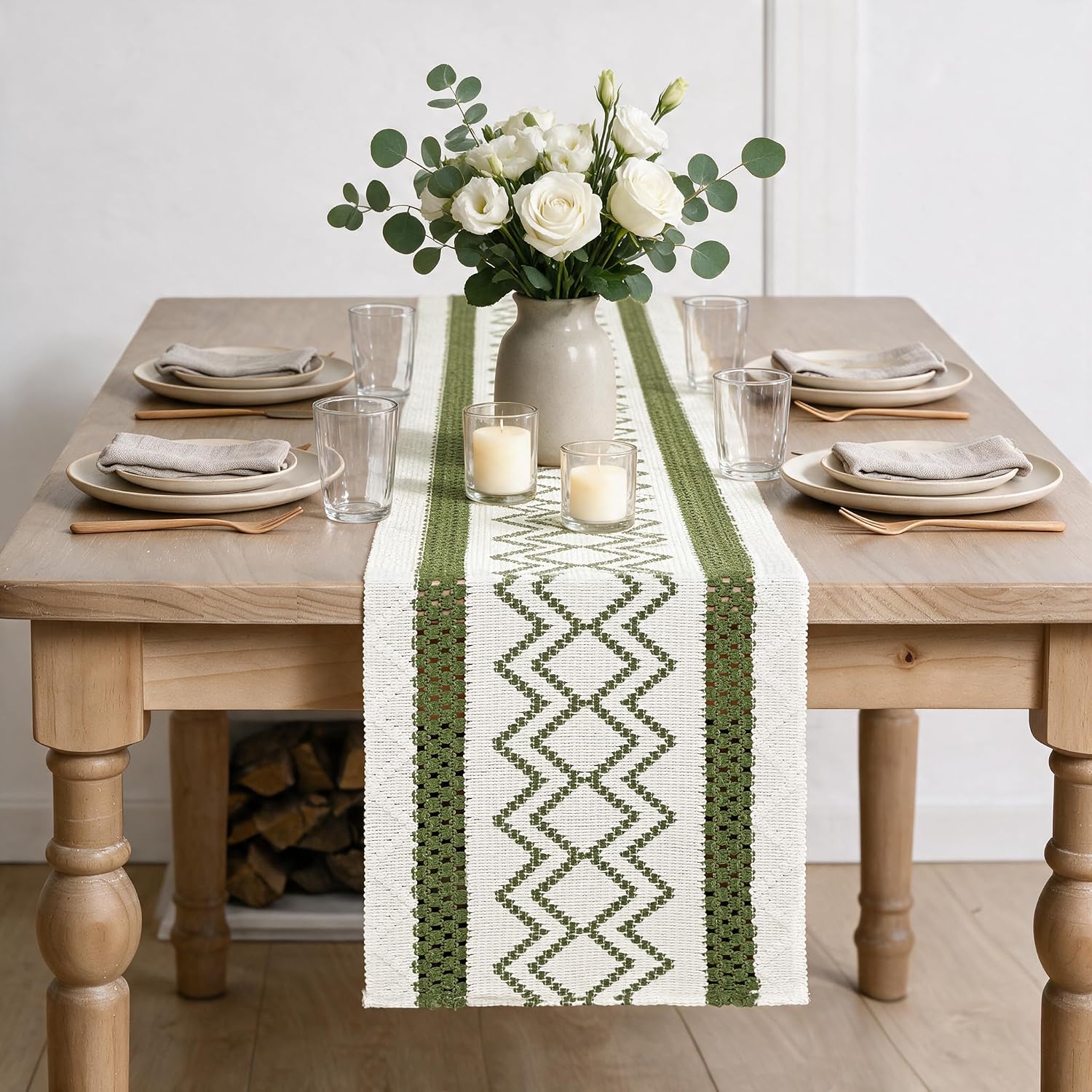 Artoid Mode Army Green Stripe Diamond Woven Table Runner 12x72 Inch