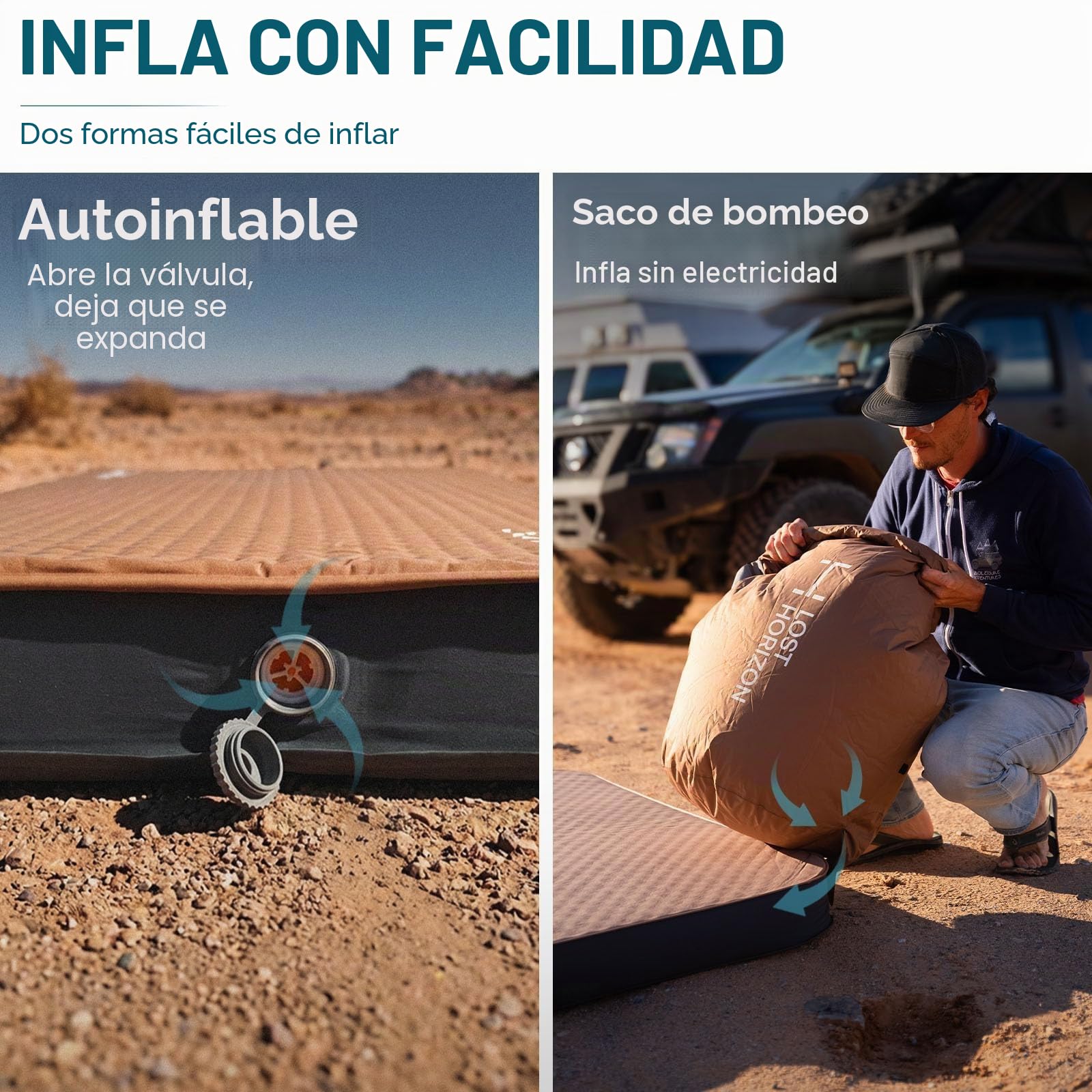 LOSTHORIZON Airsoft - Colchoneta de Dormir autoinflable de 4.5 Pulgadas de Grosor con Espuma sólida, colchón de Camping con Saco de Bomba, Cama Enrollable portátil, Almohadilla Inflable para