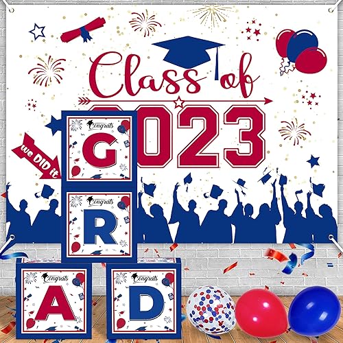 Miniatura 6 de Decoraciones de fiesta de graduación 2022, 4 cajas de globos de graduación rojas, blancas y azules, con 2 unidades de letras rojas "GRAD" y "2022",