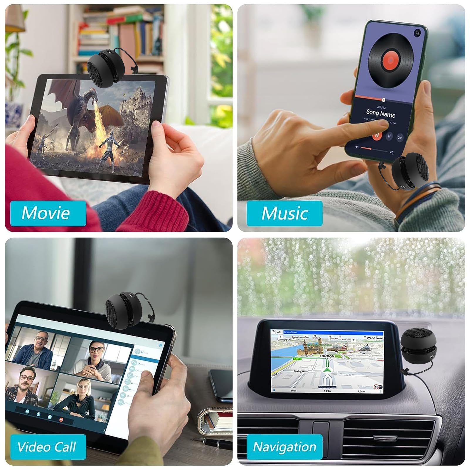 Mini altoparlante da viaggio retrattile da 3,5 mm, con cavo USB per MP3, telefoni cellulari, PC, ecc. (nero)