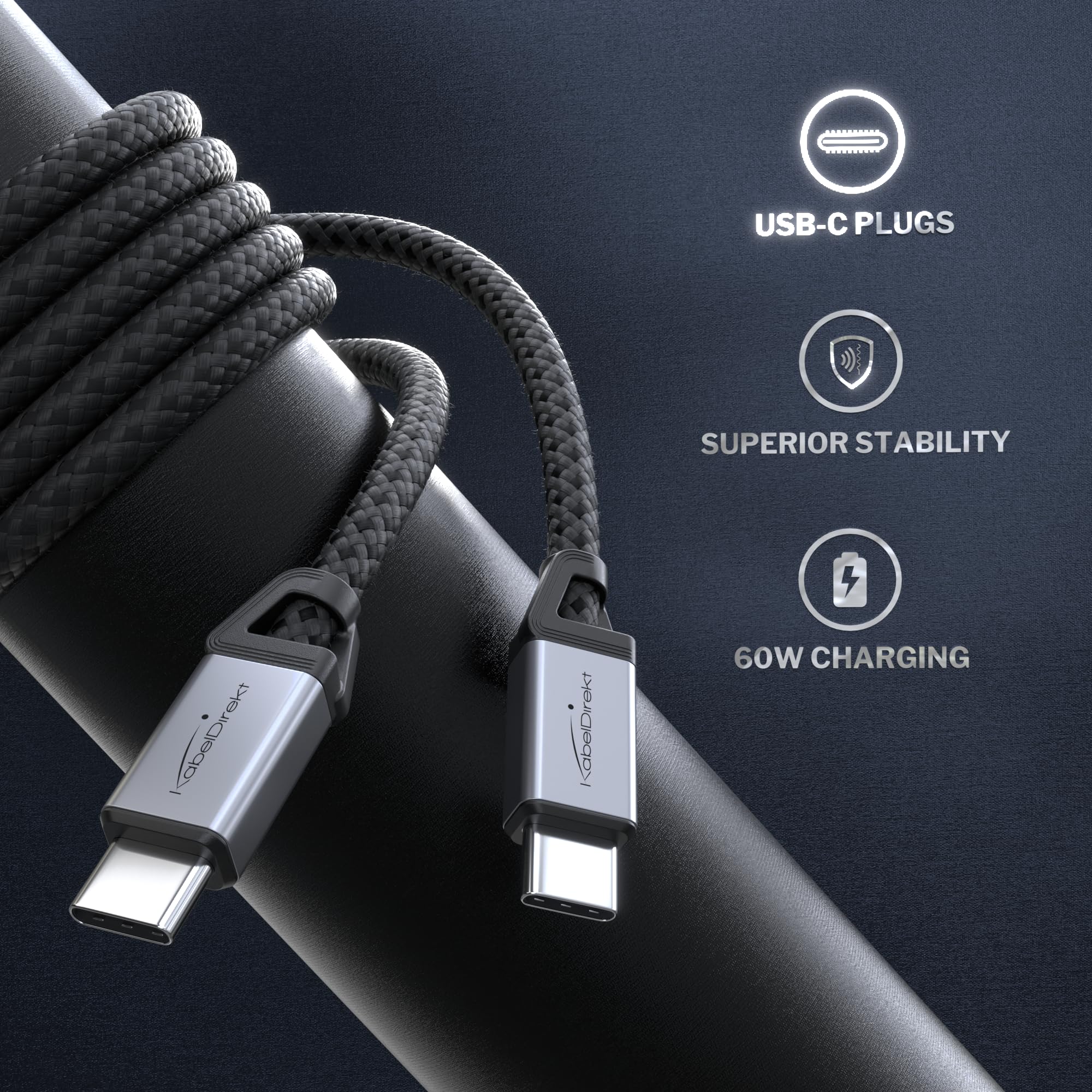 KabelDirekt – Cavo USB-C per Ricarica Veloce, Connettori Metallici + Intrecciato in Nylon, USB 2.0 – 1 m (Ricarica Telefoni/Computer Portatili con 60W, Ideale come Cavo di Carica/Dati, Nero) - Vista 2