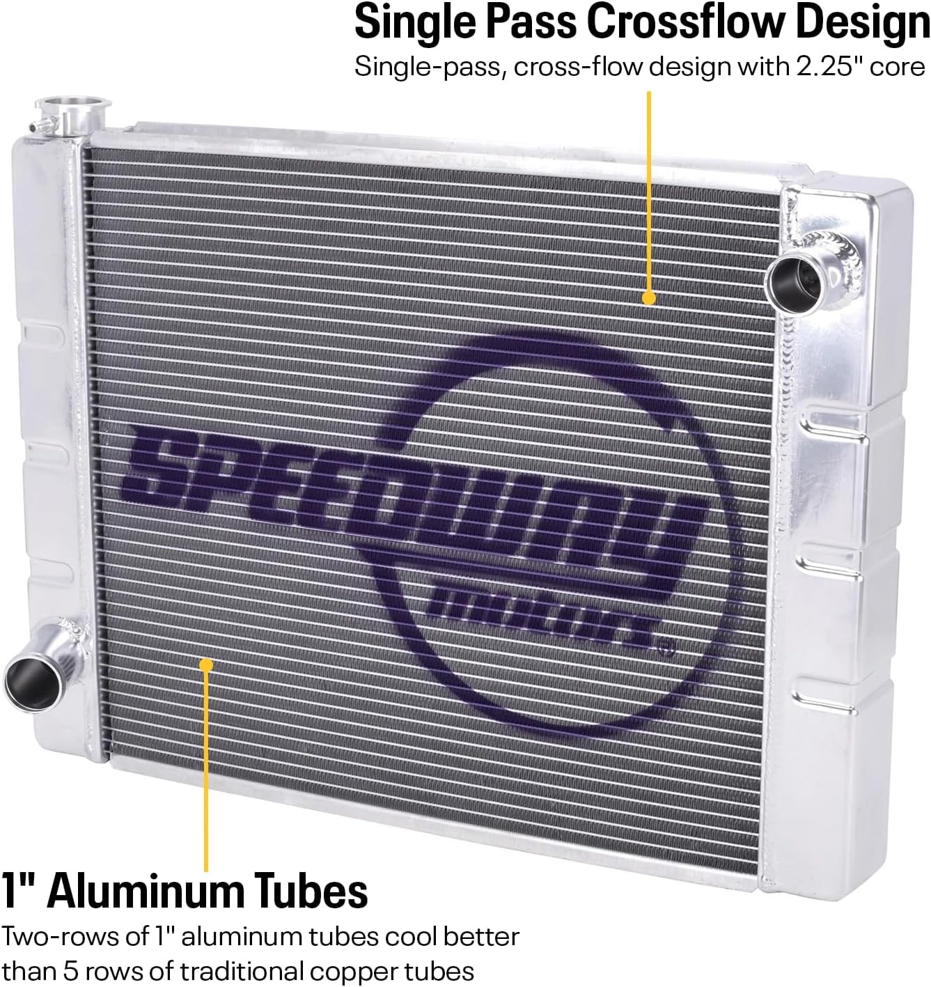 Speedway Motors Universal Ford/Mopar Aluminum Radiator, 31-Inch Wide Single-Pass Crossflow Design with Dual 1-Inch Tube Core, Furnace-Brazed Construction and Billet Filler Neck