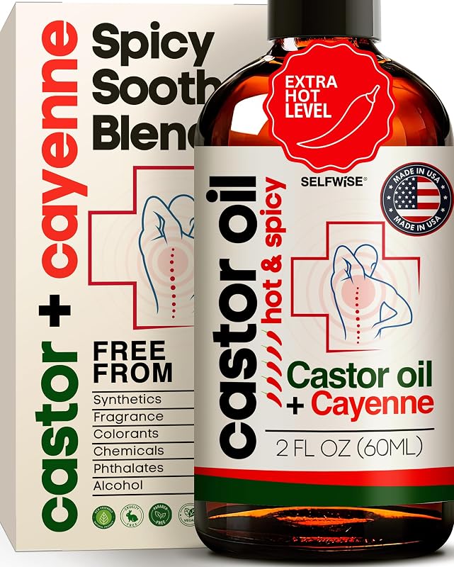 Óleo corporal SELFWISE de rícino orgânico com pimenta-caiena, hortelã-pimenta e vitamina E, 60 mL