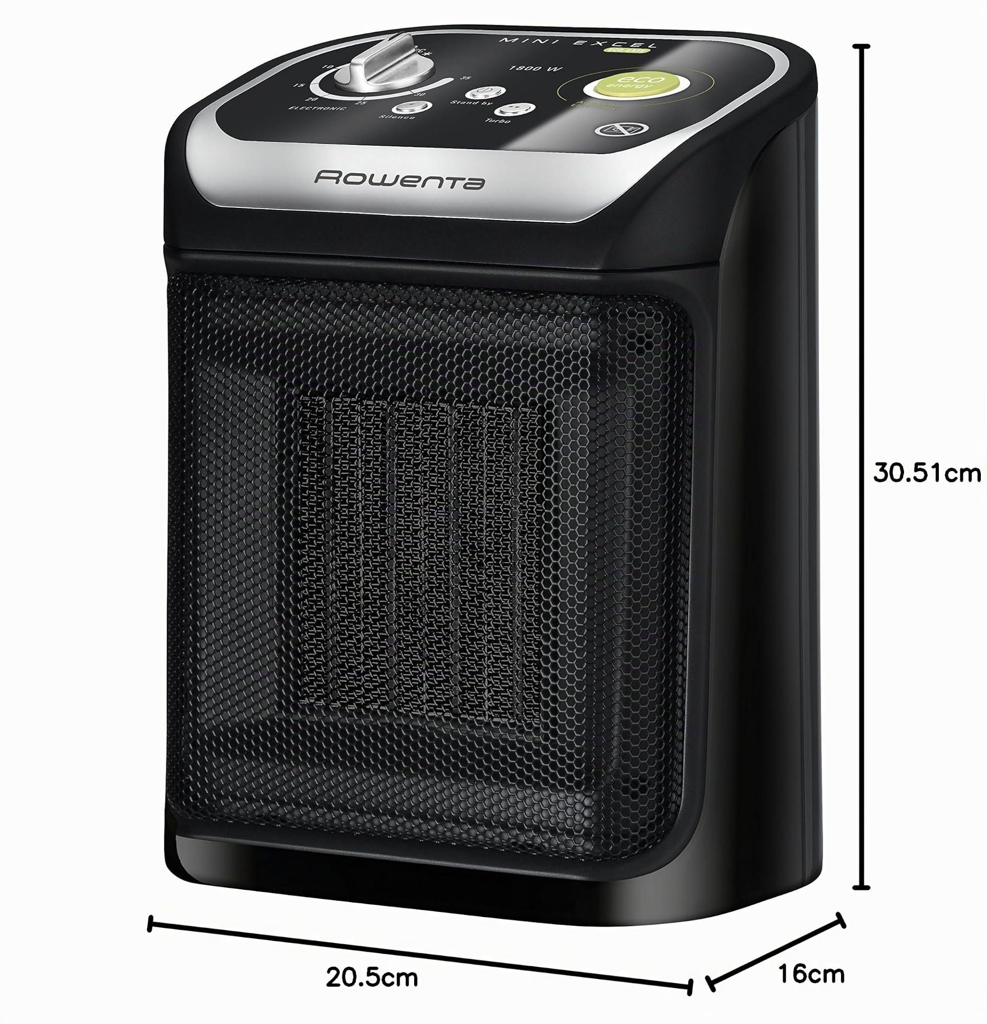 Rowenta SO9265F0 Mini Excel Eco - Calefactor cerámico de rápido calentamiento con potencia regulable de 1.000 W 1.800 W, termostato, función Eco, función silence solo 49 dBA